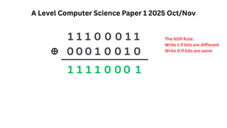 A Level Computer Science Paper 1 2025 Oct/Nov
1 1 1 0 0 0 1 1
0 0 0 1 0 0 1 0
+
The XOR Rule:
Write 1 if bits are different
Write 0 if bits are same
__________________
1
0
0
0
1
1
1
1
 