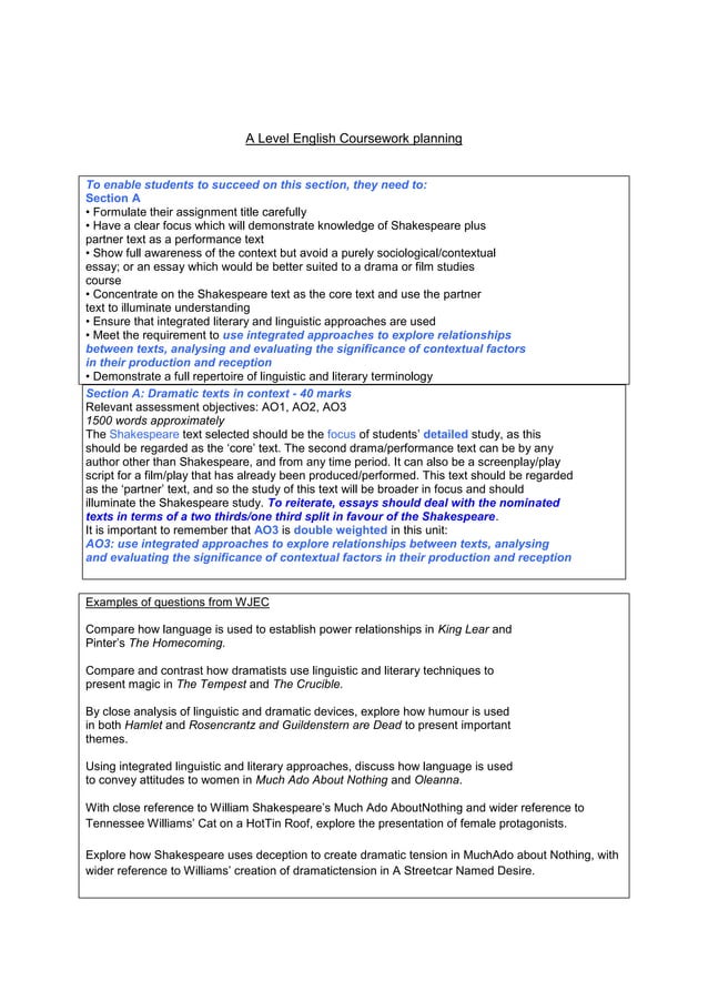 A Level English Coursework Planning