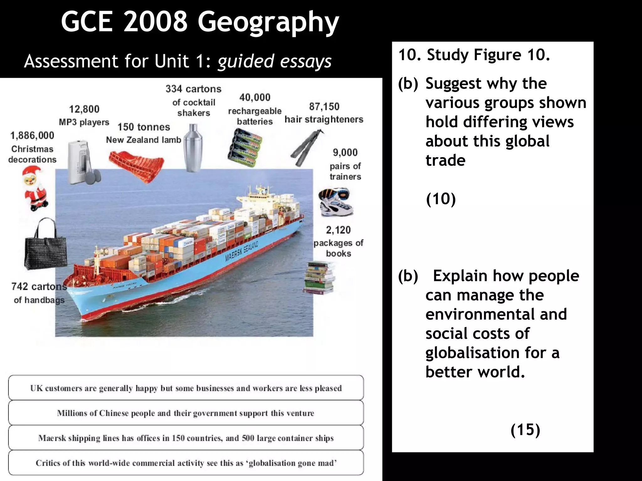 GCE 2008 Geography   Assessment for Unit 1:  guided essays GCE 2008 10. Study Figure 10.  Suggest why the various groups shown hold differing views about this global trade  (10) (b)  Explain how people can manage the environmental and social costs of globalisation for a better world.  (15) 