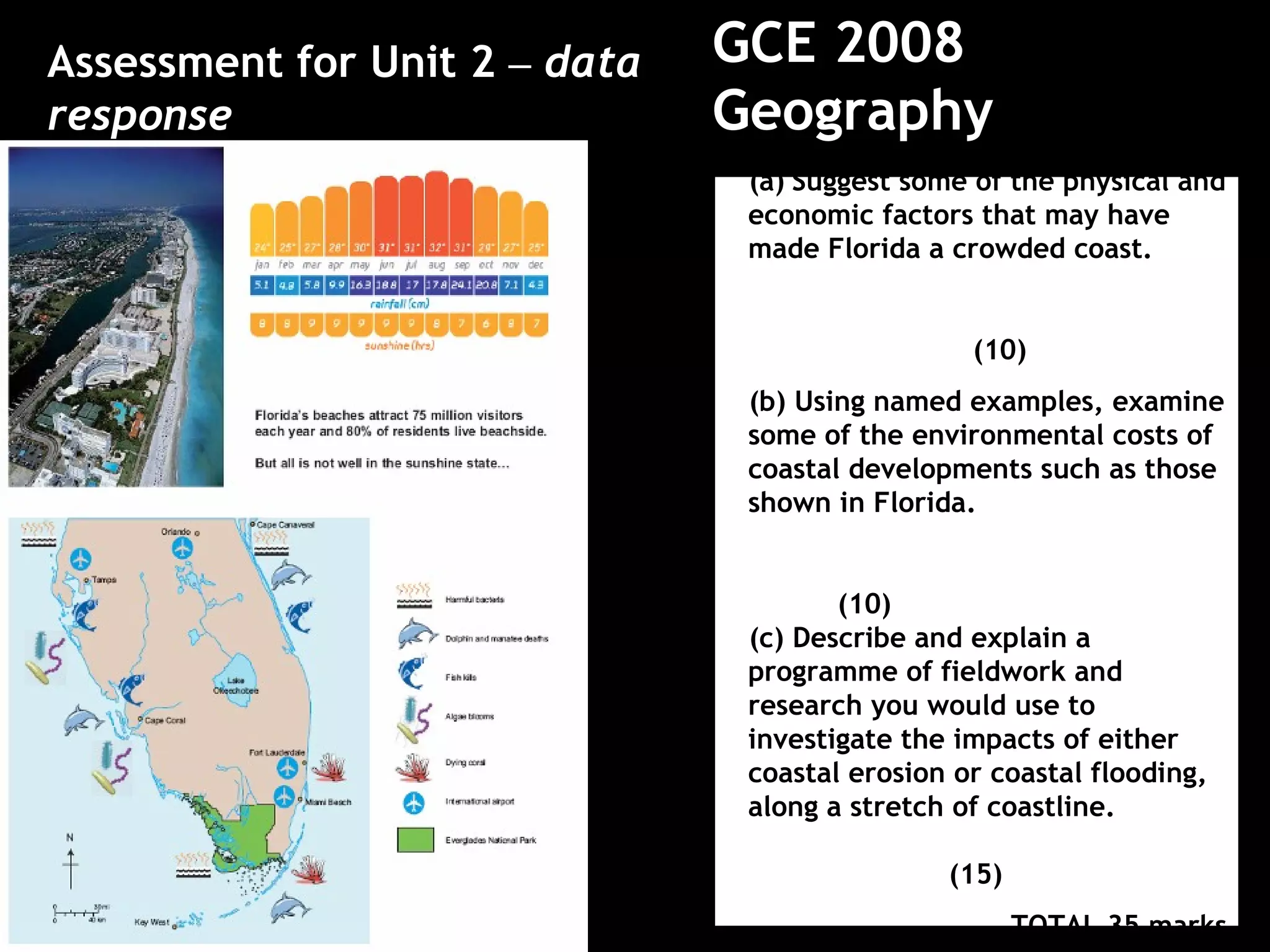 GCE 2008 Geography   Assessment for Unit 2  –   data response (a)   Suggest some of the physical and economic factors that may have made Florida a crowded coast.      (10) (b) Using named examples, examine some of the environmental costs of coastal developments such as those shown in Florida.  (10) (c) Describe and explain a programme of fieldwork and research you would use to investigate the impacts of either coastal erosion or coastal flooding, along a stretch of coastline. (15) TOTAL 35 marks 