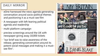 DAILY MIRROR
• eOne harnessed the news agenda generating
conversation around socio-political themes
and positioning it as a must-see film
• A newspaper with left-leaning political
agenda and readership
• multi-platform campaign
• preview screenings around the UK with
newspaper giving away 10,000 tickets
• “our brief was to raise awareness of the
release, generating conversation around its
potent social messages and making it a must-
see film”.
 