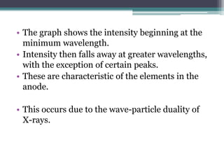 • The graph shows the intensity beginning at the
minimum wavelength.
• Intensity then falls away at greater wavelengths,
with the exception of certain peaks.
• These are characteristic of the elements in the
anode.
• This occurs due to the wave-particle duality of
X-rays.
 