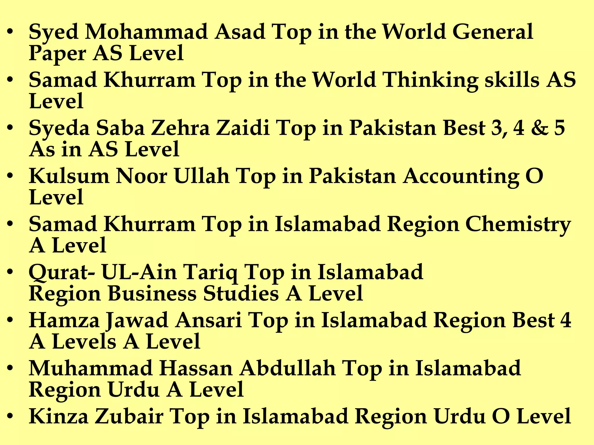 • Syed Mohammad Asad Top in the World General 
Paper AS Level 
• Samad Khurram Top in the World Thinking skills AS 
Level 
• Syeda Saba Zehra Zaidi Top in Pakistan Best 3, 4 & 5 
As in AS Level 
• Kulsum Noor Ullah Top in Pakistan Accounting O 
Level 
• Samad Khurram Top in Islamabad Region Chemistry 
A Level 
• Qurat- UL-Ain Tariq Top in Islamabad 
Region Business Studies A Level 
• Hamza Jawad Ansari Top in Islamabad Region Best 4 
A Levels A Level 
• Muhammad Hassan Abdullah Top in Islamabad 
Region Urdu A Level 
• Kinza Zubair Top in Islamabad Region Urdu O Level 
 