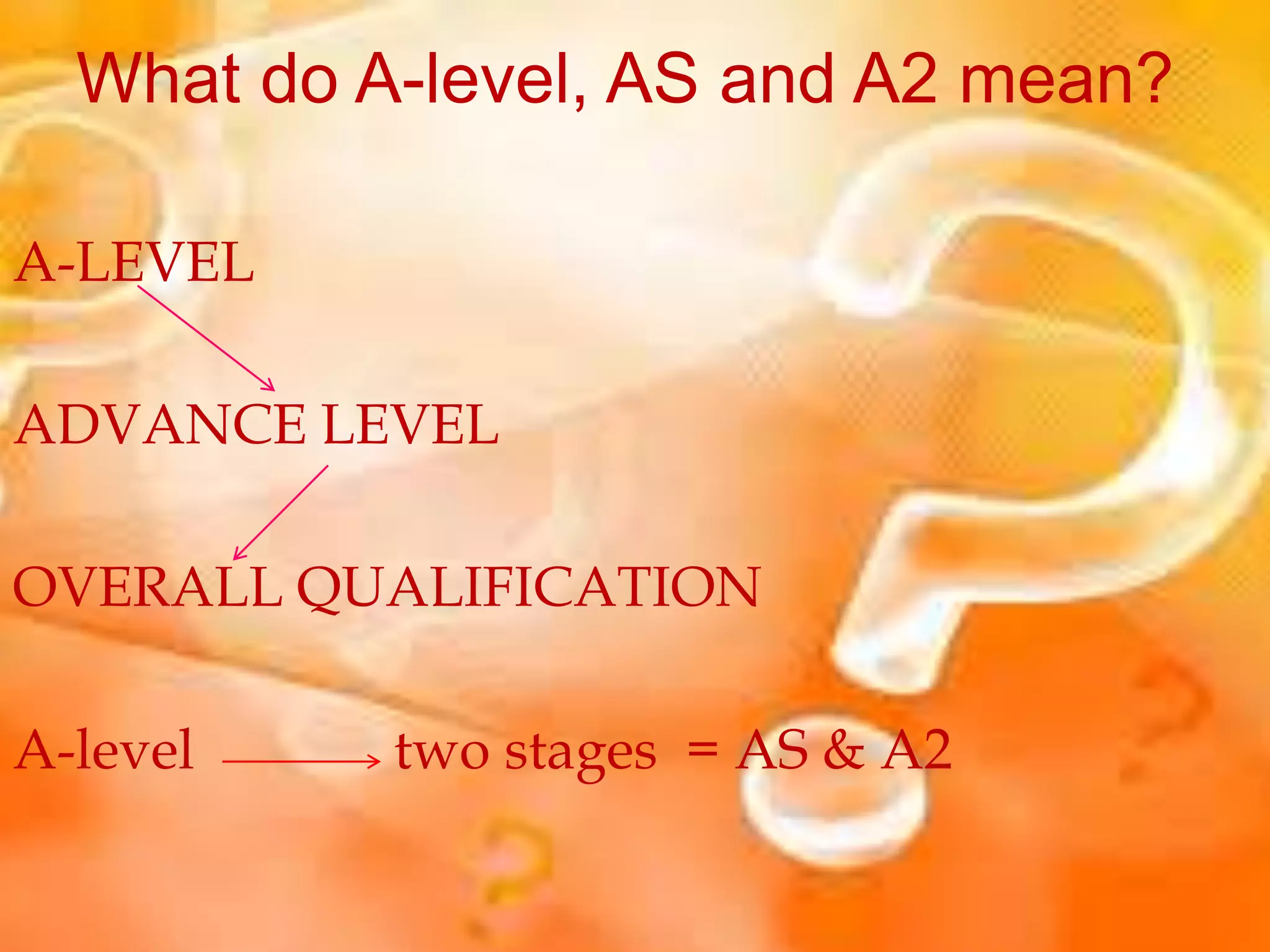 What do A-level, AS and A2 mean? 
A-LEVEL 
ADVANCE LEVEL 
OVERALL QUALIFICATION 
A-level two stages = AS & A2 
 