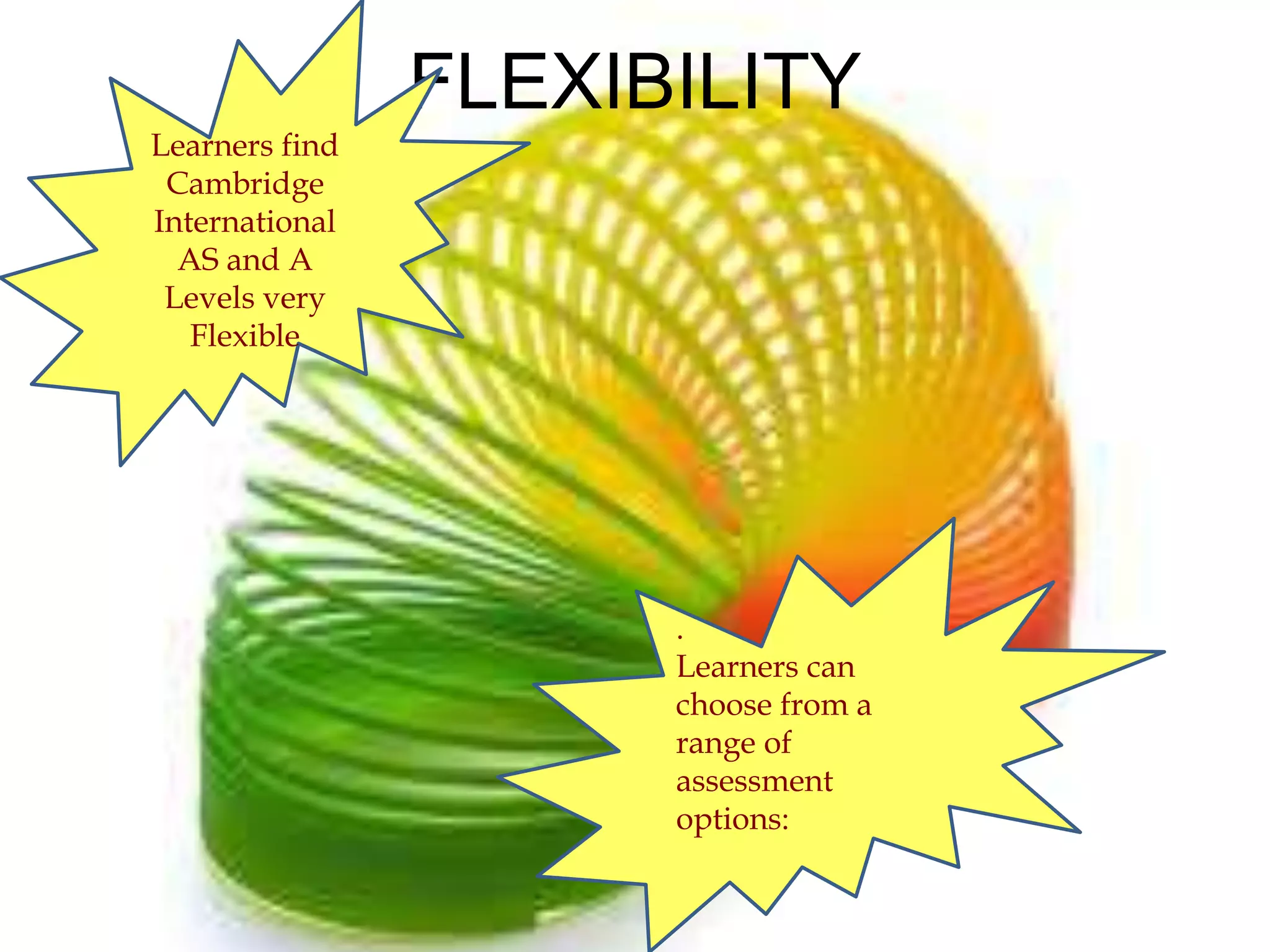 FLEXIBILITY 
Learners find 
Cambridge 
International 
AS and A 
Levels very 
Flexible 
. 
Learners can 
choose from a 
range of 
assessment 
options: 
 