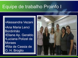 Equipe de trabalho Proinfo I


 •Alessandra Vezani
 •Ana Maria Lenci
 Bordinhão
 •Eliane Ap. Geraldo
 •Luciana Polizel de
 Moraes
 •Rita de Cassia de
 O. H. Broglio
 