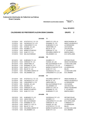 Federación Interinsular de Fútbol de Las Palmas 
Gran Canaria 
Página 3 de 8 PREFERENTE ALEVIN GRAN CANARIA GRUPO 2 
Temp. 2014/2015 
CALENDARIO DE PREFERENTE ALEVIN GRAN CANARIA GRUPO 2 
Jornada 9 
13/12/2014 9:00 ATLÉTICO G.C. "A", C.D. GARITA "A", CFS. LA ANEXO MUNDIAL 82 
13/12/2014 9:00 VALSEQUILLO "A", U.D. DORAMAS "A", C.D. ANEXO VALSEQUILLO 
13/12/2014 9:00 LONGUERAS "A", C.D. ALMENARA "A", U.D. LA HERRADURA 
13/12/2014 9:00 HUESAS, UD. LAS UNION PEÑA, CF. LAS HUESAS 
13/12/2014 10:00 AGUIMES, C.F. BALOS "A", U.D. LAS CRUCITAS 
13/12/2014 10:30 BARRIO ATLANTICO CERRUDA "A", C.D. P. ATLANTICO 
13/12/2014 10:30 ALMA´S "A", C.D. VEG.ARBOL BONITO "A" MASPALOMAS 2 
13/12/2014 10:30 MAJ.GUAYADEQUE VALLINAMAR, C.D. E.M. CAPELLANIA 
Jornada 10 
20/12/2014 9:00 ALMENARA "A", U.D. AGUIMES, C.F. ANTONIO ROJAS 
20/12/2014 10:30 CERRUDA "A", C.D. HUESAS, UD. LAS ANEXO VECINDARIO 
20/12/2014 10:30 UNION PEÑA, CF. MAJ.GUAYADEQUE "A",CF. LA VEGA SAN JOSE 
20/12/2014 11:30 DORAMAS "A", C.D. ATLÉTICO G.C. "A", C.D. C.ARINAGA F-7 
20/12/2014 12:00 GARITA "A", CFS. LA BARRIO ATLANTICO "A",CF. LA HERRADURA 
20/12/2014 12:00 BALOS "A", U.D. ALMA´S "A", C.D. BALOS 
21/12/2014 12:00 VEG.ARBOL BONITO "A" VALSEQUILLO "A", U.D. LA VEGA SAN JOSE 
21/12/2014 12:00 VALLINAMAR, C.D. LONGUERAS "A", C.D. LAS E.M. JINAMAR 
Jornada 11 
27/12/2014 9:00 ATLÉTICO G.C. "A", C.D. VEG.ARBOL BONITO "A" ANEXO MUNDIAL 82 
27/12/2014 9:00 VALSEQUILLO "A", U.D. BALOS "A", U.D. ANEXO VALSEQUILLO 
27/12/2014 9:00 LONGUERAS "A", C.D. UNION PEÑA, CF. LA HERRADURA 
27/12/2014 9:00 HUESAS, UD. LAS MAJ.GUAYADEQUE "A",CF. LAS HUESAS 
27/12/2014 10:00 AGUIMES, C.F. VALLINAMAR, C.D. LAS CRUCITAS 
27/12/2014 10:30 CERRUDA "A", C.D. GARITA "A", CFS. LA ANEXO VECINDARIO 
27/12/2014 10:30 BARRIO ATLANTICO DORAMAS "A", C.D. P. ATLANTICO 
27/12/2014 10:30 ALMA´S "A", C.D. ALMENARA "A", U.D. MASPALOMAS 2 
Jornada 12 
10/01/2015 9:00 ALMENARA "A", U.D. VALSEQUILLO "A", U.D. ANTONIO ROJAS 
10/01/2015 10:30 UNION PEÑA, CF. AGUIMES, C.F. LA VEGA SAN JOSE 
10/01/2015 10:30 MAJ.GUAYADEQUE LONGUERAS "A", C.D. LAS E.M. CAPELLANIA 
10/01/2015 11:30 DORAMAS "A", C.D. CERRUDA "A", C.D. C.ARINAGA F-7 
10/01/2015 12:00 GARITA "A", CFS. LA HUESAS, UD. LAS LA HERRADURA 
10/01/2015 12:00 BALOS "A", U.D. ATLÉTICO G.C. "A", C.D. BALOS 
11/01/2015 12:00 VEG.ARBOL BONITO "A" BARRIO ATLANTICO "A",CF. LA VEGA SAN JOSE 
11/01/2015 12:00 VALLINAMAR, C.D. ALMA´S "A", C.D. E.M. JINAMAR 
 
