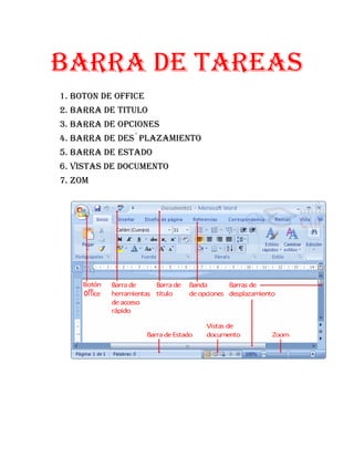 BARRA DE TAREAS<br />BOTON DE OFFICE<br />BARRA DE TITULO<br />BARRA DE OPCIONES<br />BARRA DE DES`PLAZAMIENTO<br />BARRA DE ESTADO<br />VISTAS DE DOCUMENTO<br />ZOM<br /> <br />