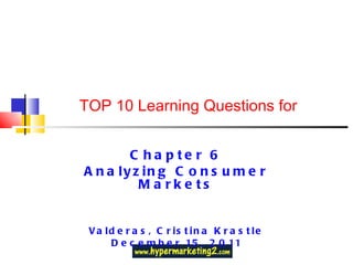 TOP 10 Learning Questions for Chapter 6 Analyzing Consumer Markets Valderas, Cristina Krastle December 15, 2011 