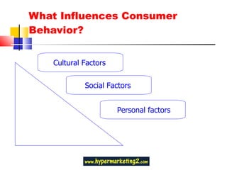 What Influences Consumer Behavior? Cultural Factors Social Factors Personal factors 