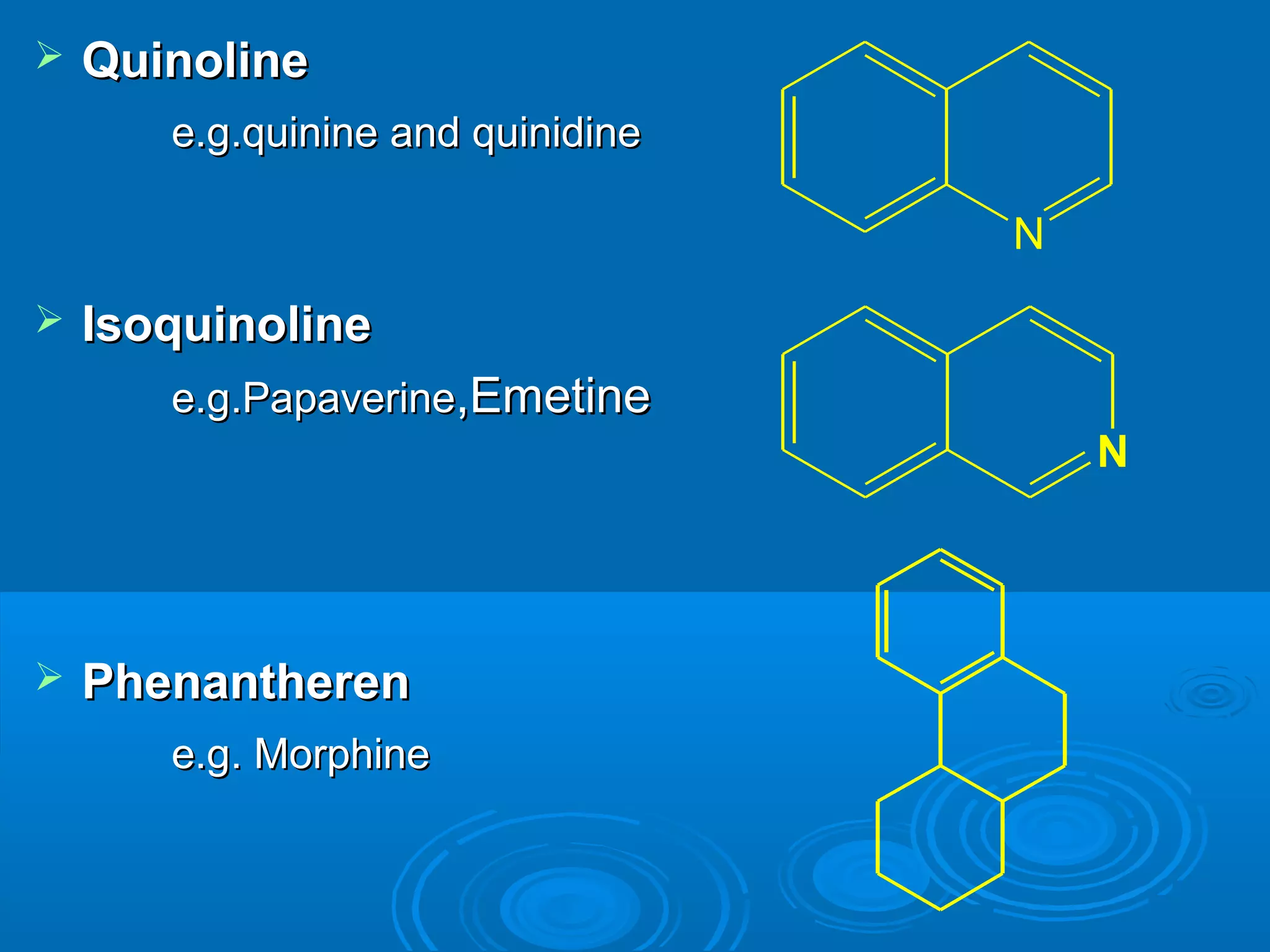  QuinolineQuinoline
e.g.quinine and quinidinee.g.quinine and quinidine
 IsoquinolineIsoquinoline
e.g.Papaverinee.g.Papaverine,Emetine,Emetine
 PhenantherenPhenantheren
e.g. Morphinee.g. Morphine
N
N
 