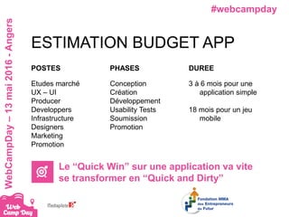#webcampdayWebCampDay–13mai2016-Angers
ESTIMATION BUDGET APP
POSTES
Etudes marché
UX – UI
Producer
Developpers
Infrastructure
Designers
Marketing
Promotion
PHASES
Conception
Création
Développement
Usability Tests
Soumission
Promotion
DUREE
3 à 6 mois pour une
application simple
18 mois pour un jeu
mobile
Le “Quick Win” sur une application va vite
se transformer en “Quick and Dirty”
 