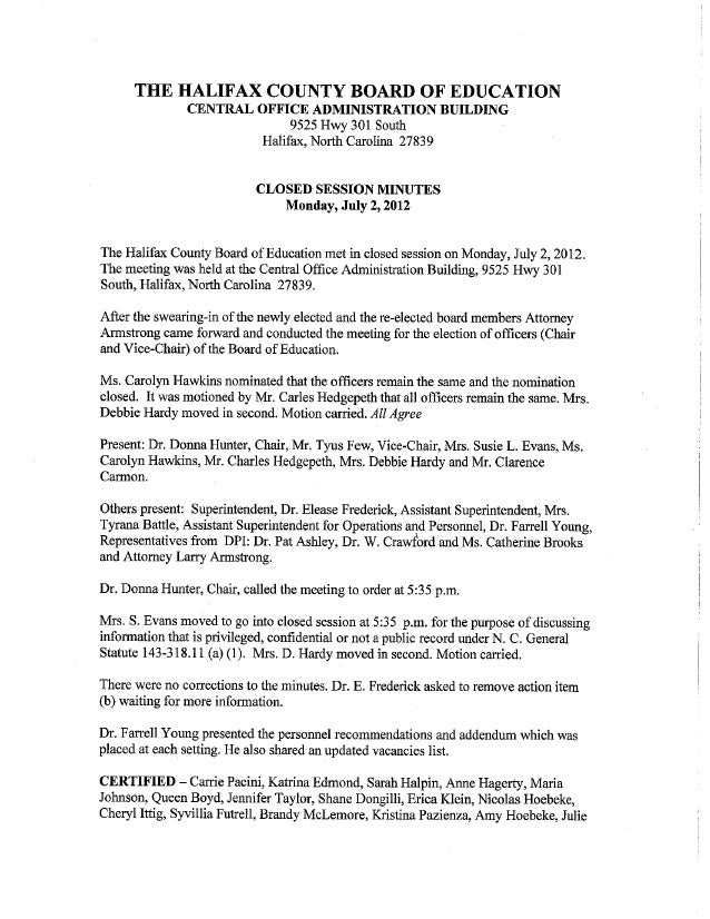 Halifax Closed Session Minutes