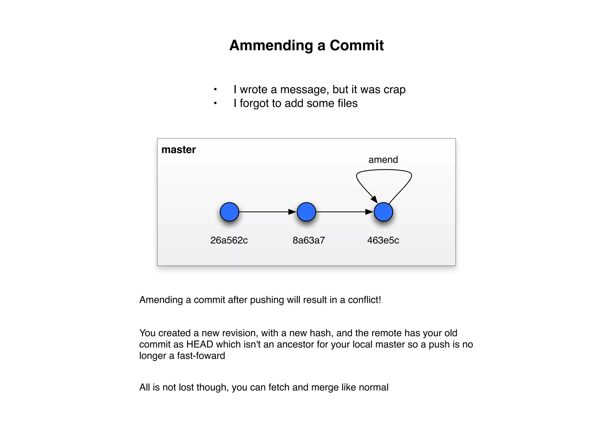 Ammending a Commit

                 •    I wrote a message, but it was crap
                 •    I forgot to add some ﬁles



     master
                                                      amend




                26a562c             8a63a7           463e5c




Amending a commit after pushing will result in a conﬂict!


You created a new revision, with a new hash, and the remote has your old
commit as HEAD which isn't an ancestor for your local master so a push is no
longer a fast-foward


All is not lost though, you can fetch and merge like normal
 