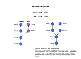 What is a Branch?


                            master            8a63a7

                              test             76f43a


         master   test
8a63a7                   76f43a                   8a63a7                       76f43a




                         26df25c                  463e5c                       26df25c
463e5c



6c75877                                                  6c75877




26a562c                                                  26a562c



                               A revision keeps track of its predecessor(s).
                               This is how a branch is deﬁned, a successive set of revisions that have a
                               common ancestor. The lineage is given a label, and that is a reference to
                               the branch. It isn't a name per se, it's a reference or pointer. You can
                               change the label, or move it, but the underlying branch lineage doesn't
                               change.
 