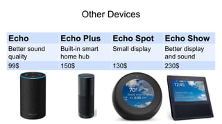 Other Devices
Echo Echo Plus Echo Spot Echo Show
Better sound
quality
Built-in smart
home hub
Small display Better display
and sound
99$ 150$ 130$ 230$
 