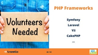48 / 54
PHP Frameworks
Symfony
Laravel
Yii
CakePHP
...
 