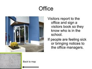 Office Visitors report to the office and sign a visitors book so they know who is in the school. If people are feeling sick or bringing notices to the office managers. Back to map