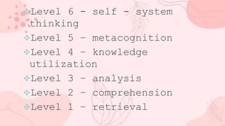 Level 6 - self - system
thinking
Level 5 – metacognition
Level 4 – knowledge
utilization
Level 3 – analysis
Level 2 – comprehension
Level 1 – retrieval
 