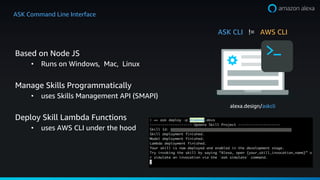 ASK Command Line Interface
Based on Node JS
? Runs on Windows, Mac, Linux
Manage Skills Programmatically
? uses Skills Management API (SMAPI)
Deploy Skill Lambda Functions
? uses AWS CLI under the hood
alexa.design/askcli
ASK CLI != AWS CLI
 