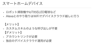 スマートホームデバイス
• ロボット掃除機やIoT対応LED電球など
• Alexaとのやり取りはWiFiでデバイスクラウド越しに行う
【メリット】
• カスタムスキルのような呼び出しが不要
【デメリット】
• アカウントリンクが必要
• 独自のデバイスクラウド運用が必要
 
