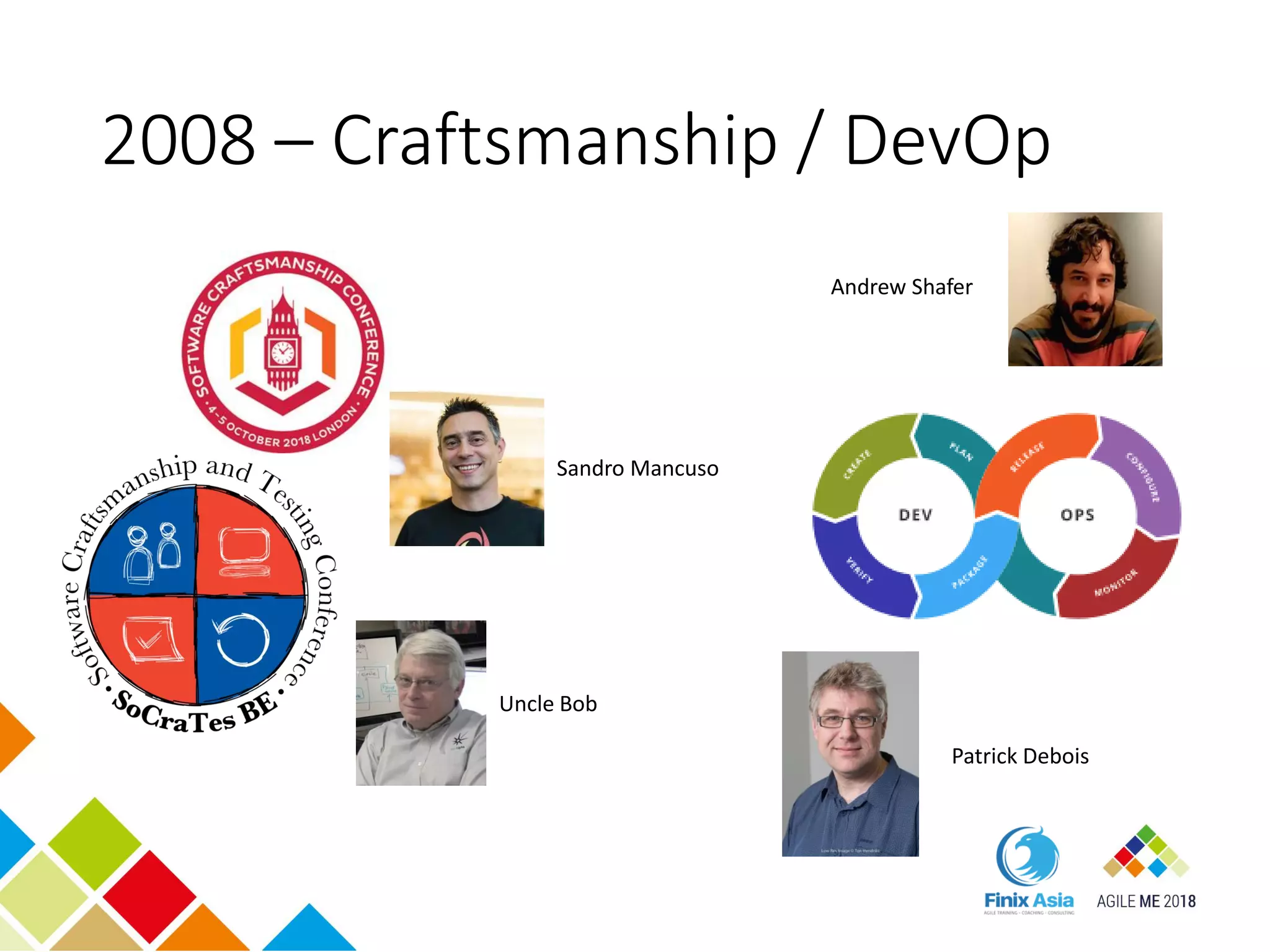 2008 – Craftsmanship / DevOp
Patrick Debois
Andrew Shafer
Sandro Mancuso
Uncle Bob
 