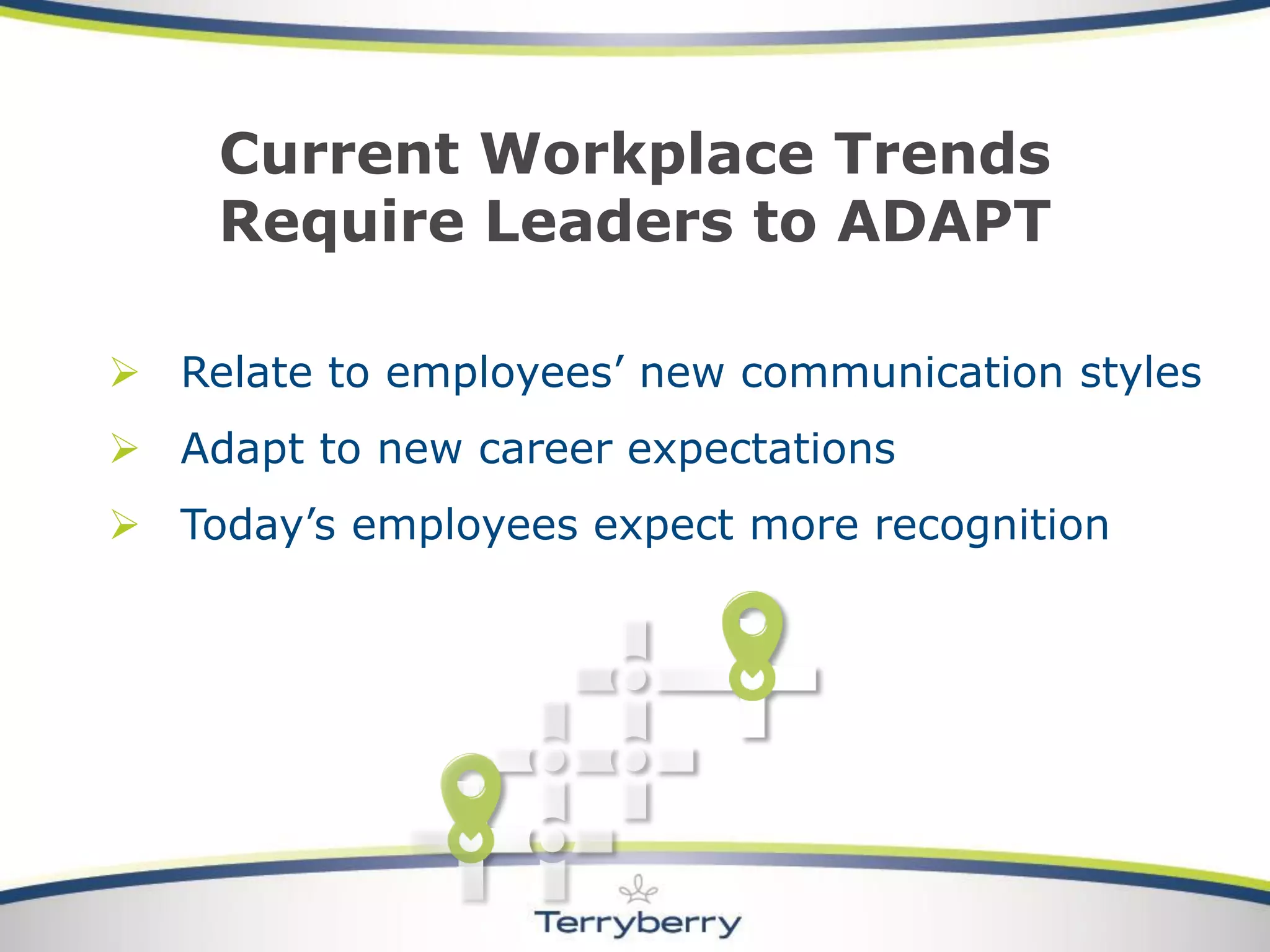 Relate to employees’ new communication styles 
Adapt to new career expectations 
Today’s employees expect more recognition 
Current Workplace Trends Require Leaders to ADAPT  