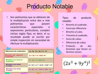 Producto Notable
• Son polinomios que se obtienen de
la multiplicación entre dos o más
polinomios que poseen
característic...