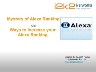 Created by Yogesh Kumar I2k2 Networks Pvt Ltd www.i2k2SEM.com Mystery of Alexa Ranking And Ways to Increase your  Alexa Ranking. 