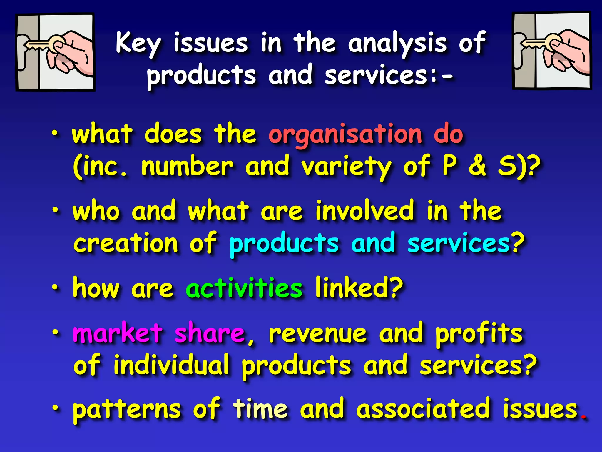 Key issues in the analysis of
       products and services:-

• what does the organisation do
  (inc. number and variety of P & S)?
• who and what are involved in the
  creation of products and services?
• how are activities linked?
• market share, revenue and profits
  of individual products and services?
• patterns of time and associated issues.
 