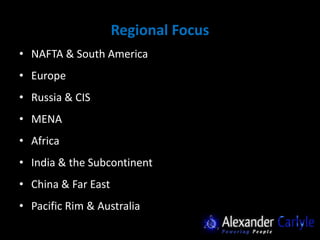 Regional Focus
• NAFTA & South America
• Europe
• Russia & CIS
• MENA
• Africa
• India & the Subcontinent
• China & Far East
• Pacific Rim & Australia
 
