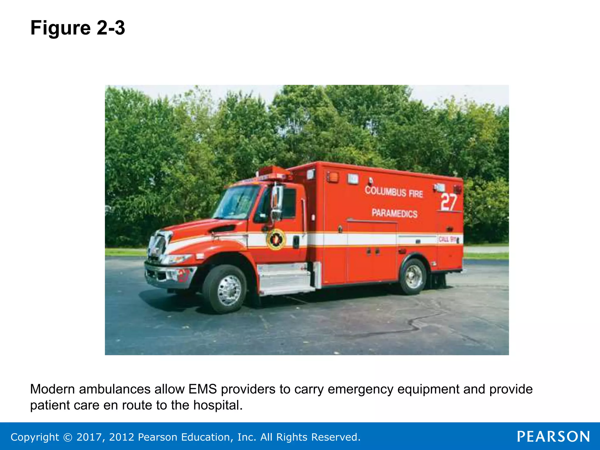 Copyright © 2017, 2012 Pearson Education, Inc. All Rights Reserved.
Figure 2-3
Modern ambulances allow EMS providers to carry emergency equipment and provide
patient care en route to the hospital.
 