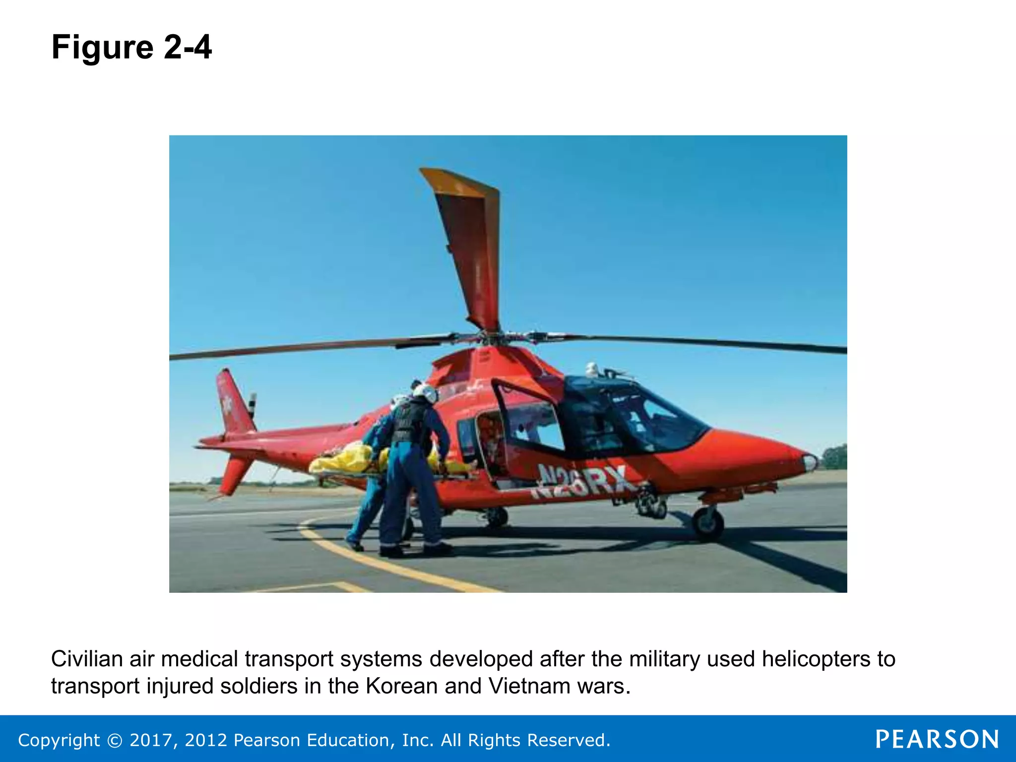 Copyright © 2017, 2012 Pearson Education, Inc. All Rights Reserved.
Figure 2-4
Civilian air medical transport systems developed after the military used helicopters to
transport injured soldiers in the Korean and Vietnam wars.
 
