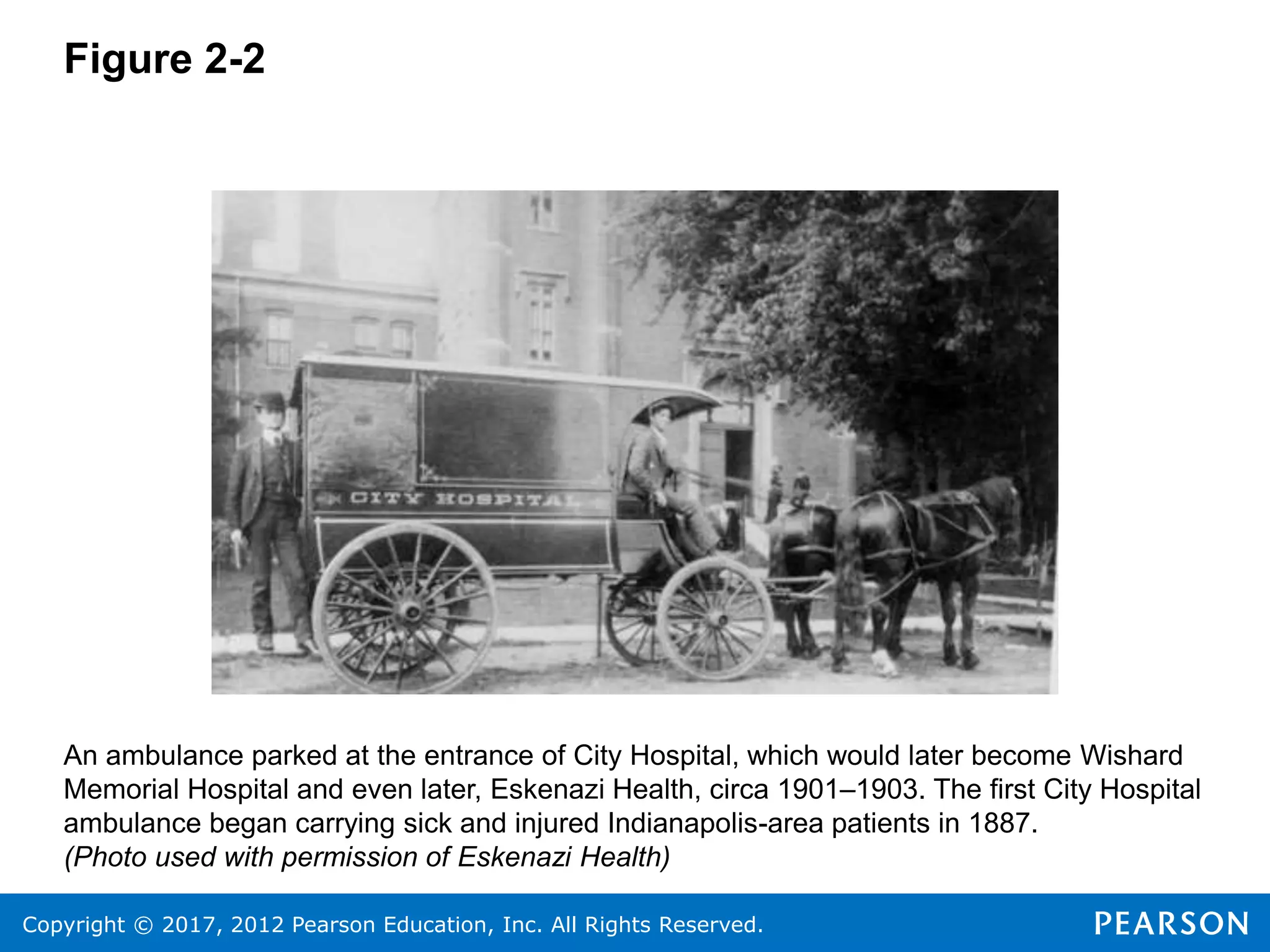 Copyright © 2017, 2012 Pearson Education, Inc. All Rights Reserved.
Figure 2-2
An ambulance parked at the entrance of City Hospital, which would later become Wishard
Memorial Hospital and even later, Eskenazi Health, circa 1901–1903. The first City Hospital
ambulance began carrying sick and injured Indianapolis-area patients in 1887.
(Photo used with permission of Eskenazi Health)
 