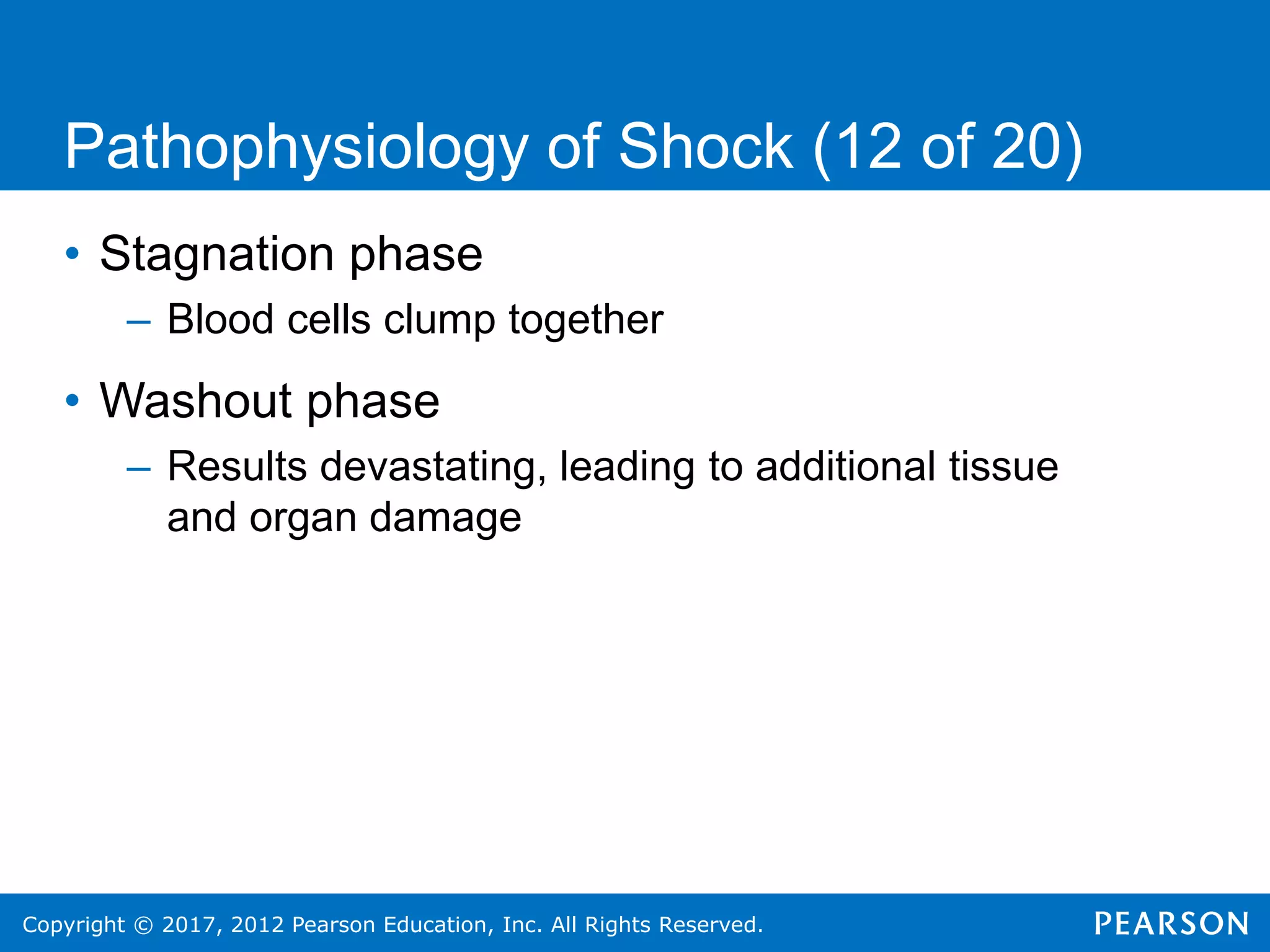 Copyright © 2017, 2012 Pearson Education, Inc. All Rights Reserved.
Pathophysiology of Shock (12 of 20)
• Stagnation phase
– Blood cells clump together
• Washout phase
– Results devastating, leading to additional tissue
and organ damage
 