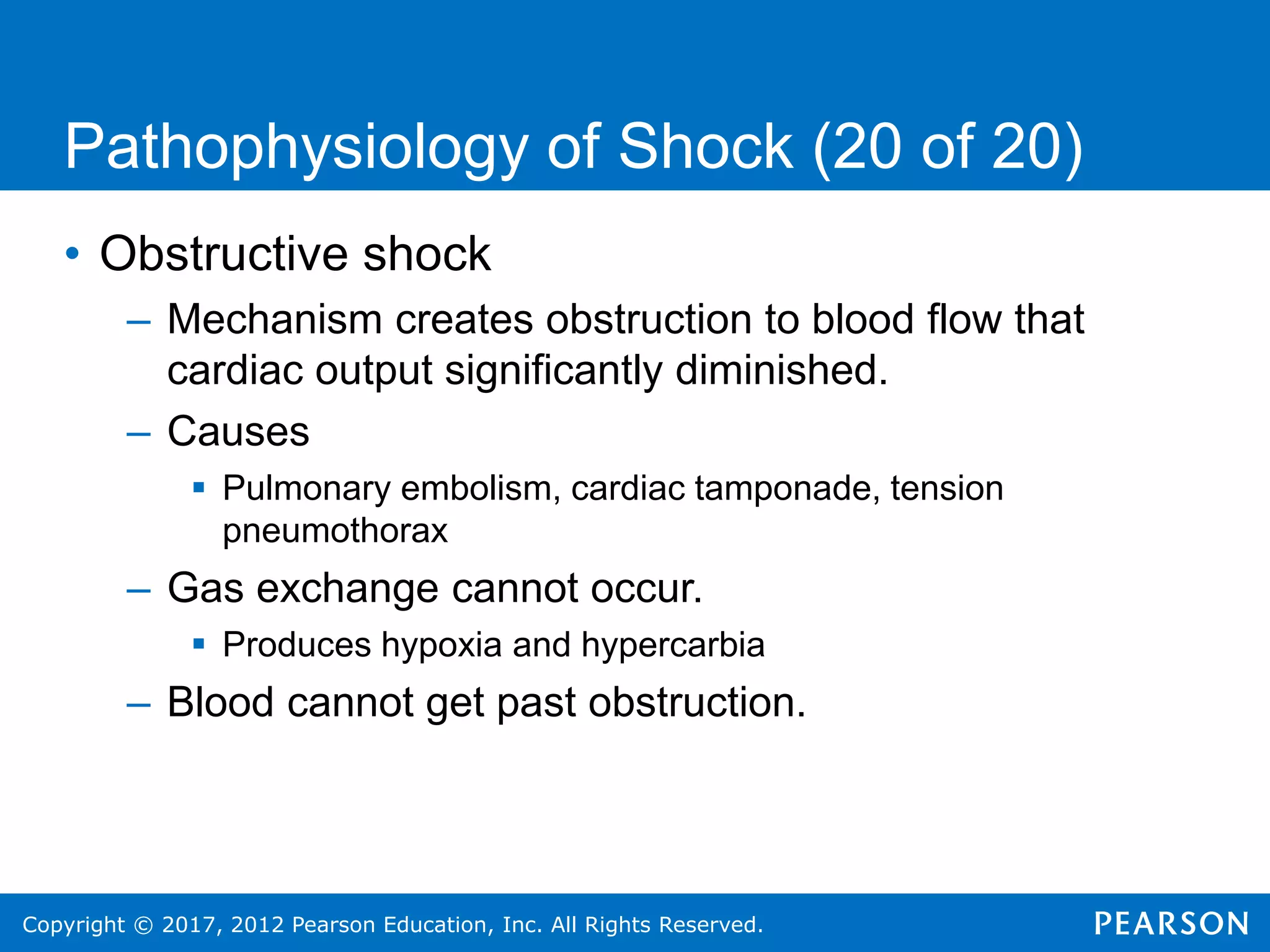 Copyright © 2017, 2012 Pearson Education, Inc. All Rights Reserved.
Pathophysiology of Shock (20 of 20)
• Obstructive shock
– Mechanism creates obstruction to blood flow that
cardiac output significantly diminished.
– Causes
 Pulmonary embolism, cardiac tamponade, tension
pneumothorax
– Gas exchange cannot occur.
 Produces hypoxia and hypercarbia
– Blood cannot get past obstruction.
 