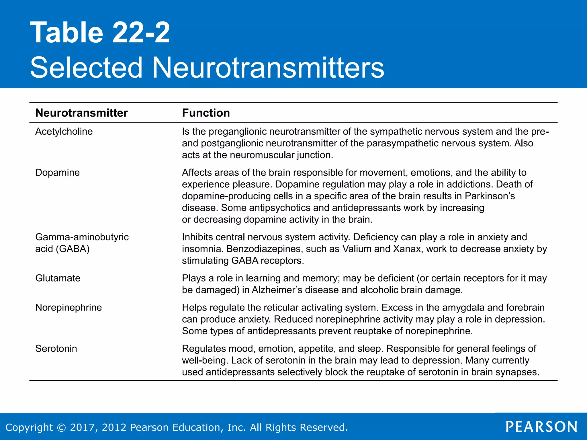 Copyright © 2017, 2012 Pearson Education, Inc. All Rights Reserved.
Table 22-2
Selected Neurotransmitters
Neurotransmitter Function
Acetylcholine Is the preganglionic neurotransmitter of the sympathetic nervous system and the pre-
and postganglionic neurotransmitter of the parasympathetic nervous system. Also
acts at the neuromuscular junction.
Dopamine Affects areas of the brain responsible for movement, emotions, and the ability to
experience pleasure. Dopamine regulation may play a role in addictions. Death of
dopamine-producing cells in a specific area of the brain results in Parkinson’s
disease. Some antipsychotics and antidepressants work by increasing
or decreasing dopamine activity in the brain.
Gamma-aminobutyric
acid (GABA)
Inhibits central nervous system activity. Deficiency can play a role in anxiety and
insomnia. Benzodiazepines, such as Valium and Xanax, work to decrease anxiety by
stimulating GABA receptors.
Glutamate Plays a role in learning and memory; may be deficient (or certain receptors for it may
be damaged) in Alzheimer’s disease and alcoholic brain damage.
Norepinephrine Helps regulate the reticular activating system. Excess in the amygdala and forebrain
can produce anxiety. Reduced norepinephrine activity may play a role in depression.
Some types of antidepressants prevent reuptake of norepinephrine.
Serotonin Regulates mood, emotion, appetite, and sleep. Responsible for general feelings of
well-being. Lack of serotonin in the brain may lead to depression. Many currently
used antidepressants selectively block the reuptake of serotonin in brain synapses.
 