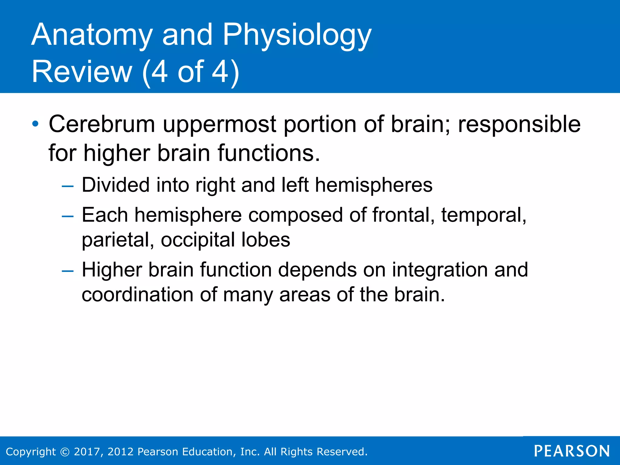 Copyright © 2017, 2012 Pearson Education, Inc. All Rights Reserved.
Anatomy and Physiology
Review (4 of 4)
• Cerebrum uppermost portion of brain; responsible
for higher brain functions.
– Divided into right and left hemispheres
– Each hemisphere composed of frontal, temporal,
parietal, occipital lobes
– Higher brain function depends on integration and
coordination of many areas of the brain.
 