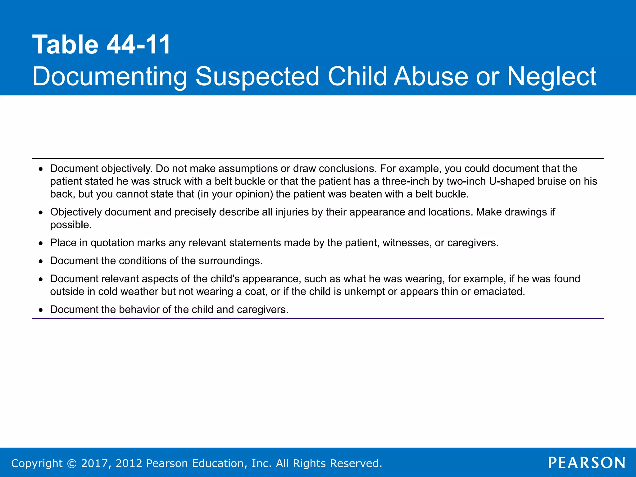 Copyright © 2017, 2012 Pearson Education, Inc. All Rights Reserved.
Table 44-11
Documenting Suspected Child Abuse or Neglect
 Document objectively. Do not make assumptions or draw conclusions. For example, you could document that the
patient stated he was struck with a belt buckle or that the patient has a three-inch by two-inch U-shaped bruise on his
back, but you cannot state that (in your opinion) the patient was beaten with a belt buckle.
 Objectively document and precisely describe all injuries by their appearance and locations. Make drawings if
possible.
 Place in quotation marks any relevant statements made by the patient, witnesses, or caregivers.
 Document the conditions of the surroundings.
 Document relevant aspects of the child’s appearance, such as what he was wearing, for example, if he was found
outside in cold weather but not wearing a coat, or if the child is unkempt or appears thin or emaciated.
 Document the behavior of the child and caregivers.
 