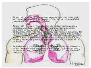 El aparato respiratorio o sistema respiratorio es el encargado
de captar oxígeno (O2) y eliminar el dióxido de carbono (CO2)
procedente del anabolismo celular.

El aparato respiratorio generalmente incluye tubos, como los
bronquios, las fosas nasales usados para cargar aire en los
pulmones, donde ocurre el intercambio gaseoso. El
diafragma, como todo músculo, puede contraerse y relajarse. En
la inhalación, el diafragma se contrae y se allana, y la cavidad
torácica se amplía. Esta contracción crea un vacío que succiona
el aire hacia los pulmones. En la exhalación, el diafragma se
relaja y retoma su forma de domo y el aire es expulsado de los
pulmones.
En humanos y otros mamíferos, el sistema respiratorio consiste
en vías respiratorias, pulmones y músculos respiratorios que
median en el movimiento del aire tanto dentro como fuera del
cuerpo.

 