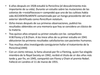 • 6 años después en 1928 estudió la Penicilina (el descubrimiento más
importante de su vida). Durante un estudio sobre las mutaciones de las
colonias de <<estafilococos>> comprobó que uno de los cultivos había
sido ACCIDENTALMENTE contaminado por un hongo procedente del aire
exterior identificado como Penicillium notatum.
• Ocho meses después de sus primeras observaciones, publicó los
resultados obtenidos en una memoria que hoy se considera un clásico de
la materia.
• Tras quince años empezó su primer estudio con los compañeros
H.W.Florey y E.B.Chain. A los trece años de su primer estudio en 1941
obtuvieron los primeros resultados satisfactorios con pacientes humanos.
• Tras muchos años investigando consiguieron hallar el tratamiento de la
Penicilina(1944)
• Con un cierto retraso, la fama alcanzó por fin a Fleming, quien fue elegido
miembro de la Royal Society en 1942, recibió el título de sir dos años más
tarde y, por fin, en 1945, compartió con Florey y Chain el premio Nobel.
Falleció en Londres el 11 de marzo de 1955.
 