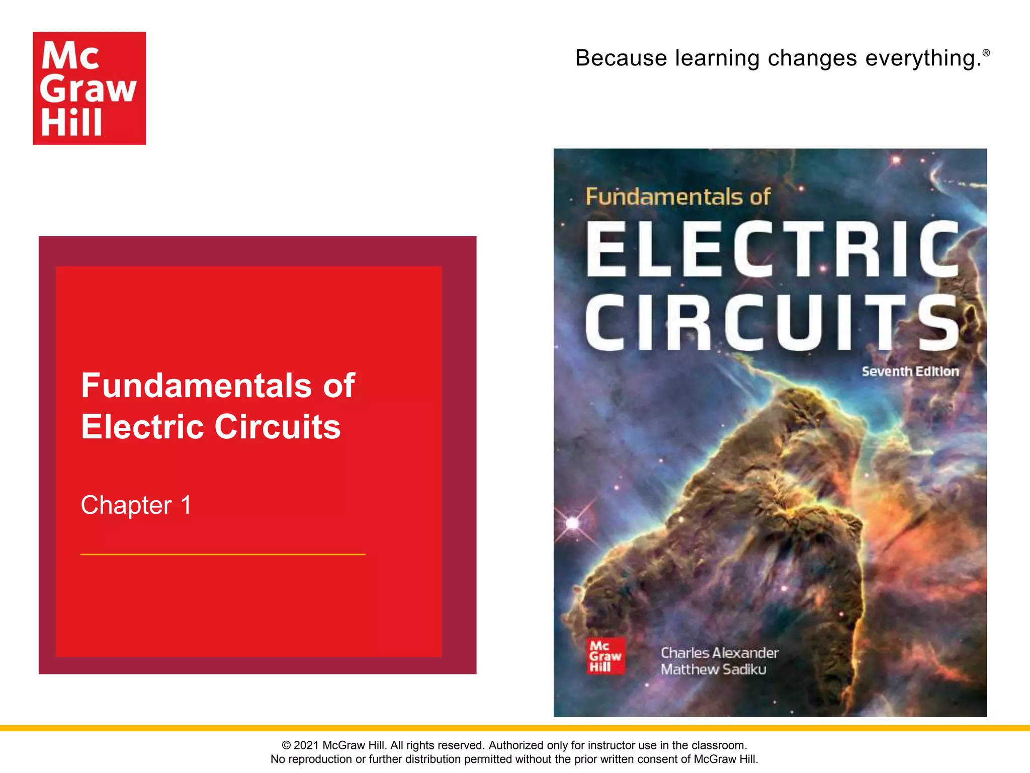Because learning changes everything.®
Fundamentals of
Electric Circuits
Chapter 1
© 2021 McGraw Hill. All rights reserved. Authorized only for instructor use in the classroom.
No reproduction or further distribution permitted without the prior written consent of McGraw Hill.
 