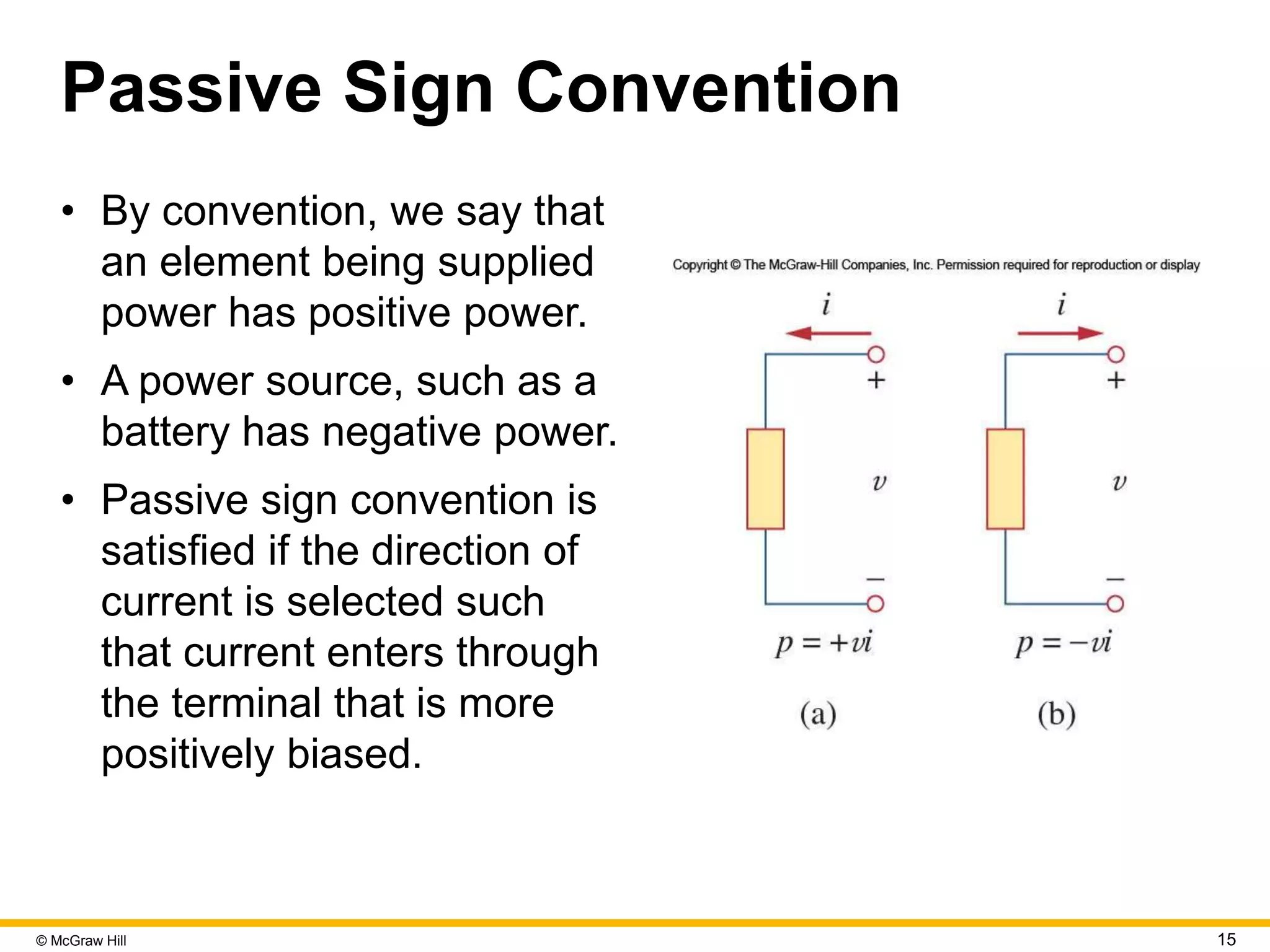 © McGraw Hill 15
Passive Sign Convention
• By convention, we say that
an element being supplied
power has positive power.
• A power source, such as a
battery has negative power.
• Passive sign convention is
satisfied if the direction of
current is selected such
that current enters through
the terminal that is more
positively biased.
 
