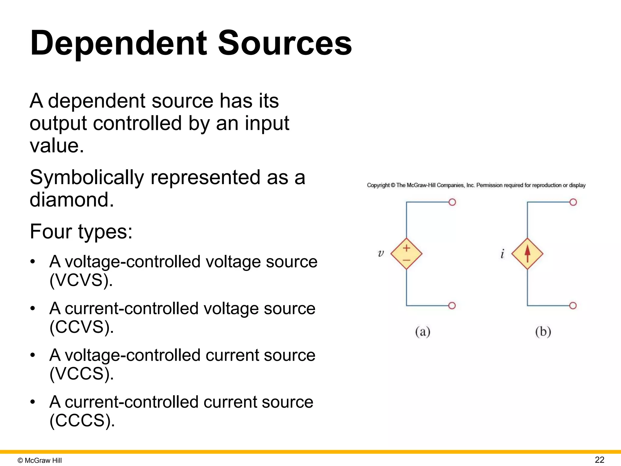 © McGraw Hill 22
Dependent Sources
A dependent source has its
output controlled by an input
value.
Symbolically represented as a
diamond.
Four types:
• A voltage-controlled voltage source
(VCVS).
• A current-controlled voltage source
(CCVS).
• A voltage-controlled current source
(VCCS).
• A current-controlled current source
(CCCS).
 
