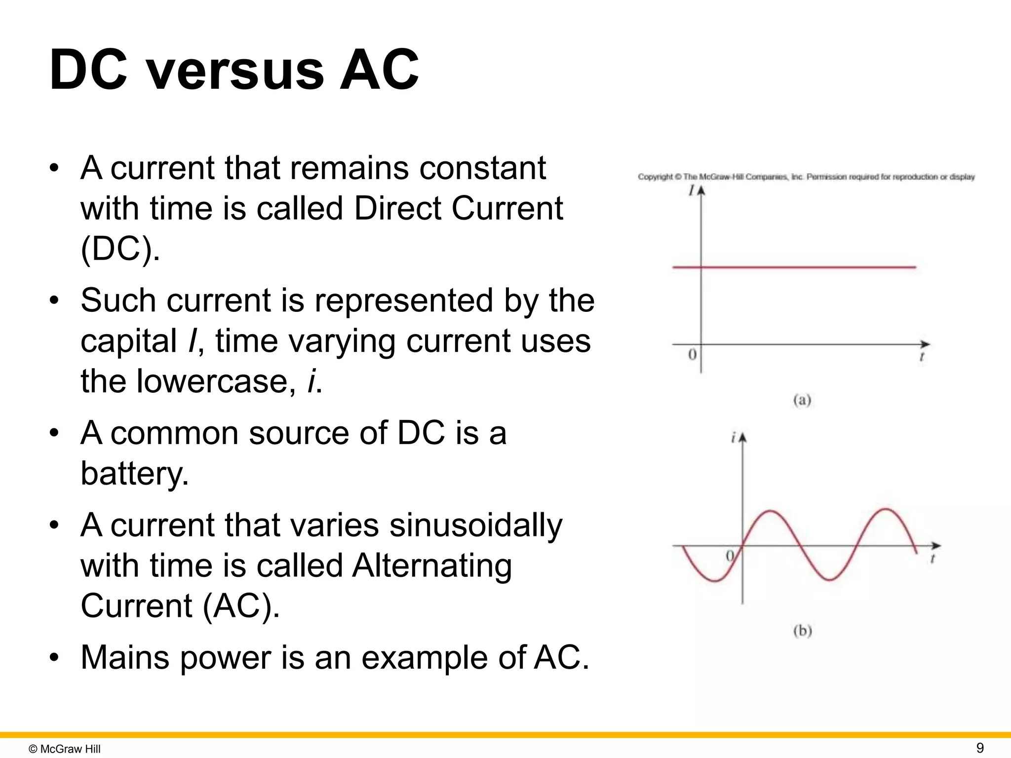 © McGraw Hill 9
DC versus AC
• A current that remains constant
with time is called Direct Current
(DC).
• Such current is represented by the
capital I, time varying current uses
the lowercase, i.
• A common source of DC is a
battery.
• A current that varies sinusoidally
with time is called Alternating
Current (AC).
• Mains power is an example of AC.
 