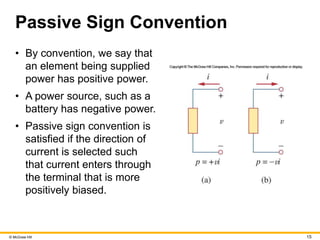 © McGraw Hill 15
Passive Sign Convention
• By convention, we say that
an element being supplied
power has positive power.
• A power source, such as a
battery has negative power.
• Passive sign convention is
satisfied if the direction of
current is selected such
that current enters through
the terminal that is more
positively biased.
 