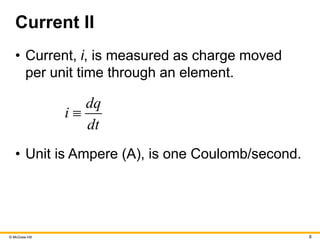 © McGraw Hill 8
Current II
• Current, i, is measured as charge moved
per unit time through an element.
dq
i
dt

• Unit is Ampere (A), is one Coulomb/second.
 