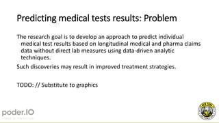 Predicting medical tests results: Problem
The research goal is to develop an approach to predict individual
medical test results based on longitudinal medical and pharma claims
data without direct lab measures using data-driven analytic
techniques.
Such discoveries may result in improved treatment strategies.
TODO: // Substitute to graphics
 