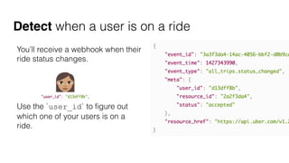 You’ll receive a webhook when their
ride status changes.
Use the `user_id` to ﬁgure out
which one of your users is on a
ride.
Detect when a user is on a ride
 
