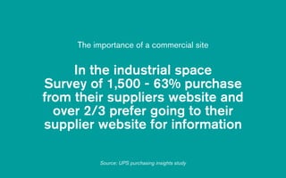 Source: UPS purchasing insights study
In the industrial space
Survey of 1,500 - 63% purchase
from their suppliers website and
over 2/3 prefer going to their
supplier website for information
The importance of a commercial site
 